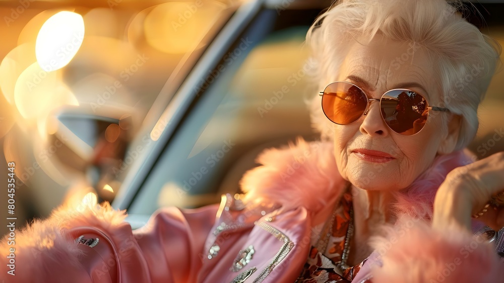 Grandmother in a Pink Rocker Outfit and Sunglasses Celebrating Mother's Day by the Car. Concept Mother's Day celebration, Grandmother portrait, Pink rocker outfit, Sunglasses, Family car