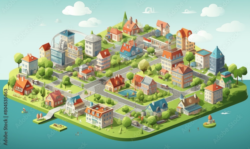 Isometric 3D City Vector Illustration with Varied Buildings, Including Homes.