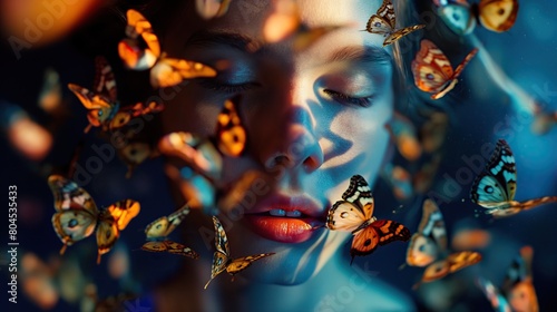 Photo of a young girl's face with butterflies flying around her
