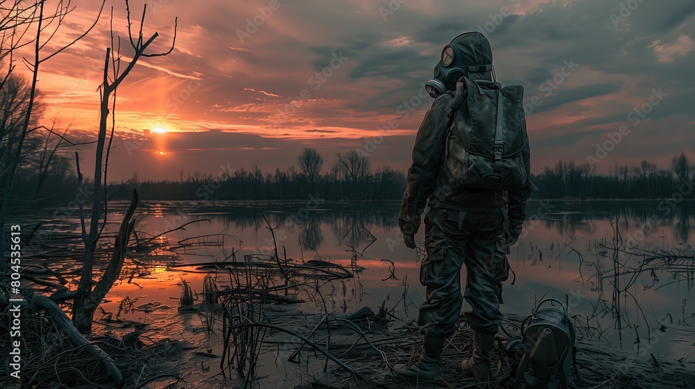 A man in a chemical protective suit with a backpack against the backdrop of a dead lake A man in a chemical protective suit with a backpack against the backdrop of a dead lake
