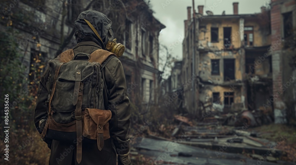 A man in a chemical protective suit with a backpack against the background of a destroyed city