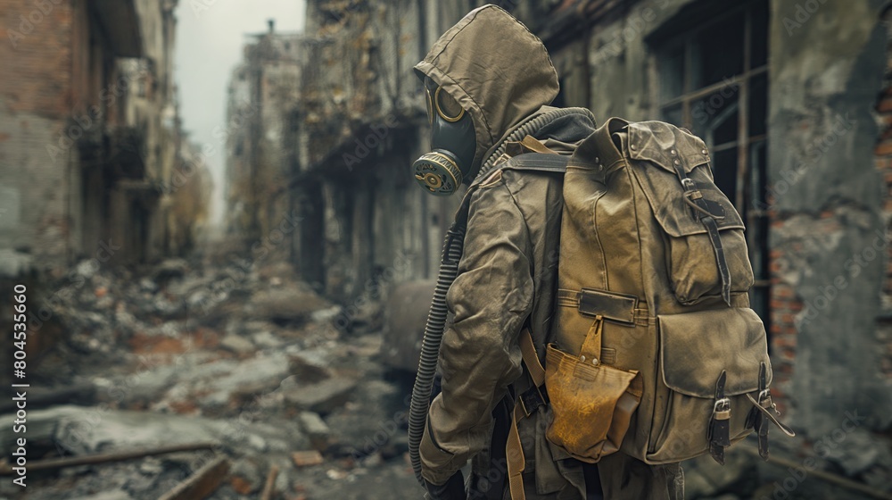 A man in a chemical protective suit with a backpack against the background of a destroyed city