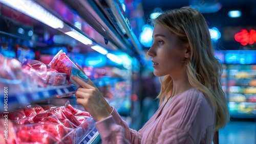 Woman shopping in grocery store reaching for item in refrigerated section. Concept Grocery shopping, Once a week routine, Healthy food choices, Supermarket selection, Fresh produce section