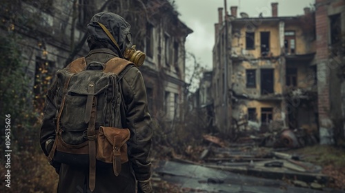 Wallpaper Mural A man in a chemical protective suit with a backpack against the background of a destroyed city Torontodigital.ca