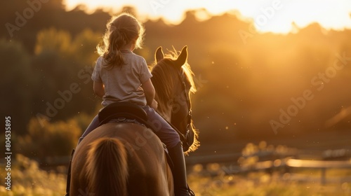 A young girl sits confidently on the back of a brown horse, holding the reins as they move together under the clear sky. photo