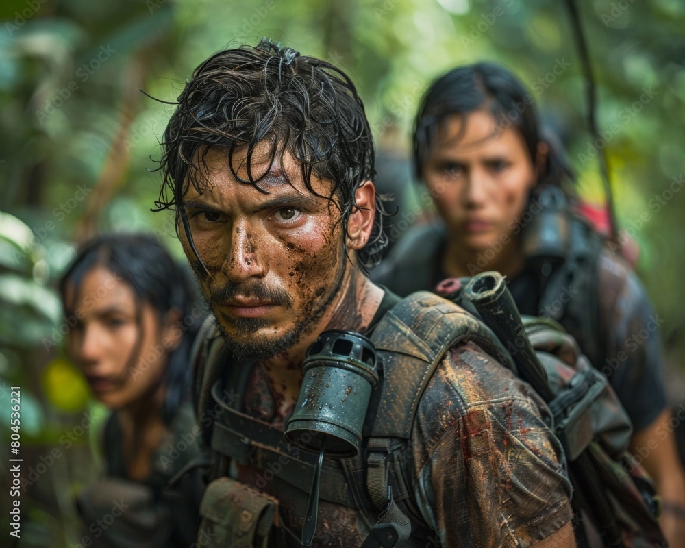The image shows a group of people, two woman and one man, in military gear, armed with guns, walking through a dense jungle. The image shows a group of people, two woman and one man, in military gear, armed with guns, walking through a dense jungle.