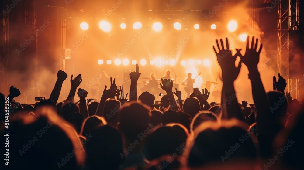 A large group of people at a concert, enthusiastically waving their hands in the air. A large group of people at a concert, enthusiastically waving their hands in the air.