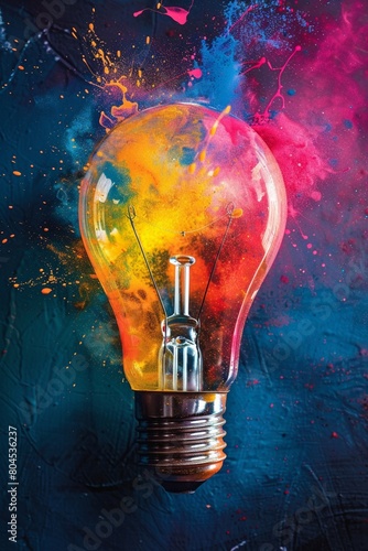 The image shows a light bulb with colorful powder exploding around it. The colors are vibrant and bright, and the image has a very dynamic feel to it.