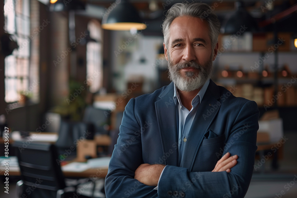 Fototapeta premium Happy middle aged business man standing in office arms crossed wearing a suit and shirt 