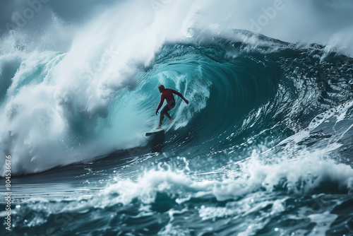 Surfer riding a massive wave during the Banzai Pipeline surf competition in Hawaii. Pro surfer rides the wave  © Anna