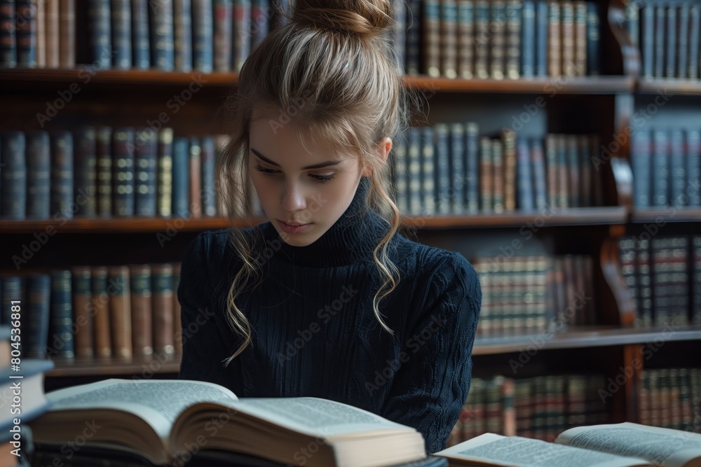 A young woman in a black knitted sweater is reading a book in the library A young woman in a black knitted sweater is reading a book in the library