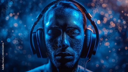 A man with headphones listening to music photo