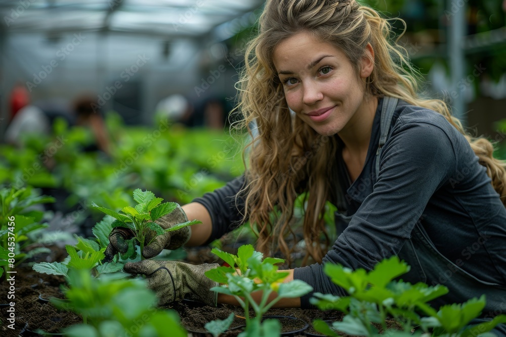 A smiling woman with gloves works on a garden bed with healthy green plants in a greenhouse A smiling woman with gloves works on a garden bed with healthy green plants in a greenhouse