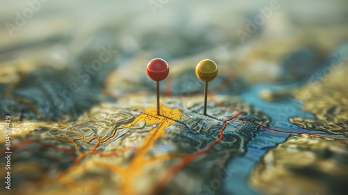 Navigate your journey with precision and clarity as you explore a real photo showcasing a detailed map, marked with two vibrant pins representing the starting and destination points