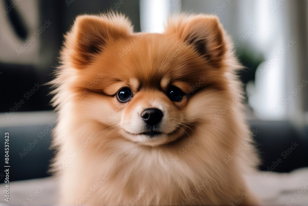 'cute home pets dog pomeranian puppy adorable animal brown canino close closeup face fluffy funny fur furry grooming hair happy head laying looking mammal1 pet portrait posing purebred single small'