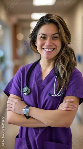 nurse in scrubs standing with her arms crossed and smiling at the camera