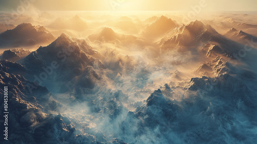 A mountain range with a foggy sky and a sun in the background