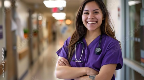 nurse in scrubs standing with her arms crossed and smiling at the camera