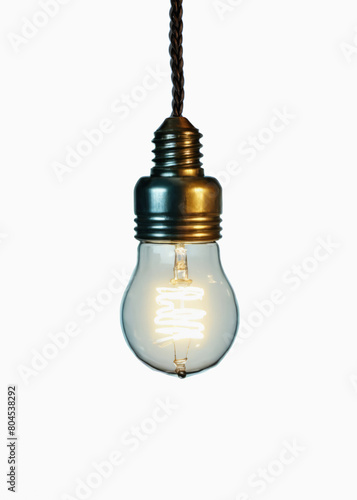 Realistic illustration: a retro vintage (incandescent tungsten-filament lamp) light bulb, elegant shape, hanging from the ceiling, isolated on a white background.

