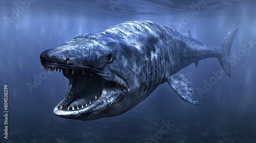Realistic rendering of a Megalodon shark in deep blue waters, showcasing its immense size and ancient predatory nature. photo