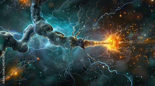 Highly detailed 3D illustration of neural synapse activity, showing electric impulses and connectivity in the human brain. © Fostor