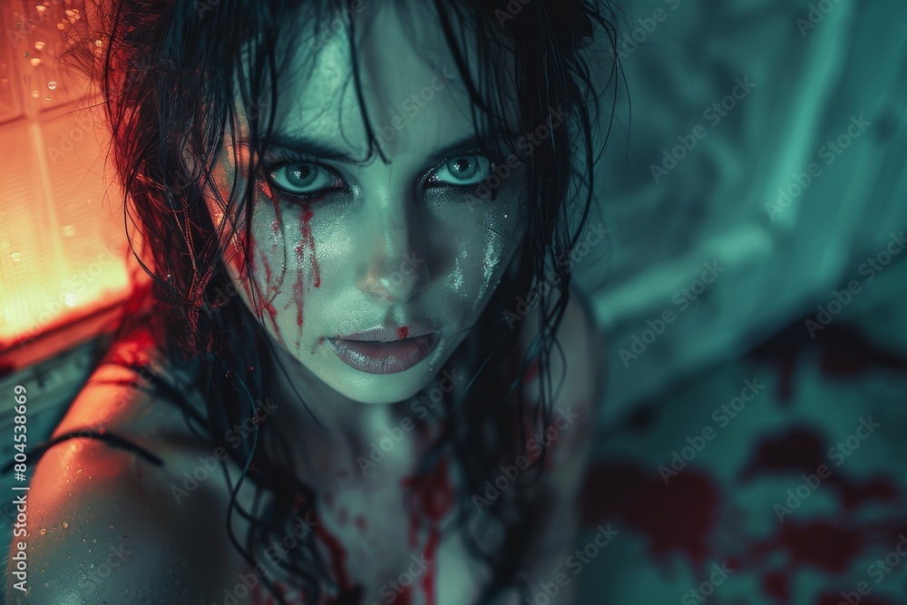 Intense portrait of a woman with dark hair, smeared blood on her face and a horrified expression Intense portrait of a woman with dark hair, smeared blood on her face and a horrified expression