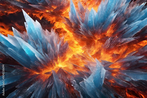Fire Ice Fire Crystal. Orange Ice Crystal. Glowing Lava Fire and Ice. Abstract Icicles. Macro and close up shot