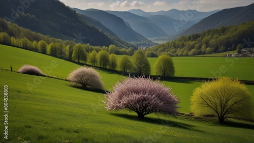 . Lush greenery blankets rolling hills and meadows, while flowers bloom in a riot of hues photo