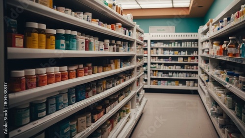 Fully Stocked Pharmacy Shelf withVariety of Medications and Products
