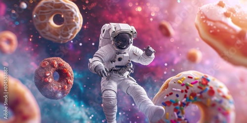 astronaut in a food space , flying donuts pizza as planets lots of special effects the background