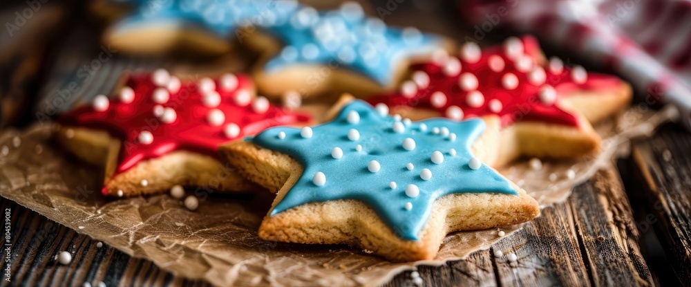 Star-shaped sugar cookies with red, white, and blue frosting , professional photography and light Star-shaped sugar cookies with red, white, and blue frosting , professional photography and light
