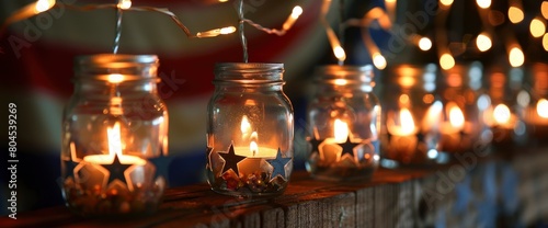 Star-spangled mason jar lanterns with tea lights , professional photography and light