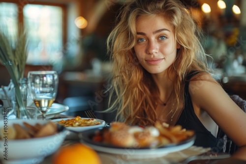 An attractive blonde woman with a smile enjoys a meal in a warmly lit  homely restaurant atmosphere