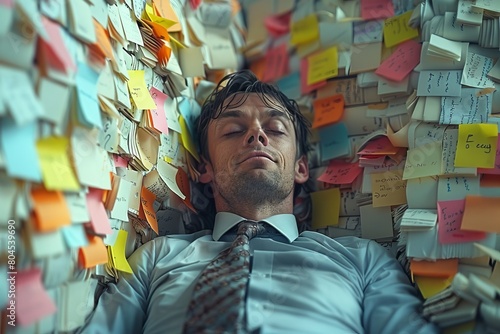 An overwhelmed man in a business suit lies back in exhaustion surrounded by myriad sticky notes
