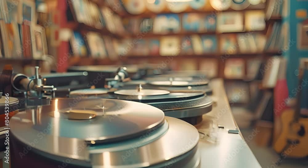 Interior of a music store featuring turntables vinyl records and wooden ...