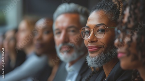 A group of people with glasses and beards are sitting in a row  including a woman with beard  AI