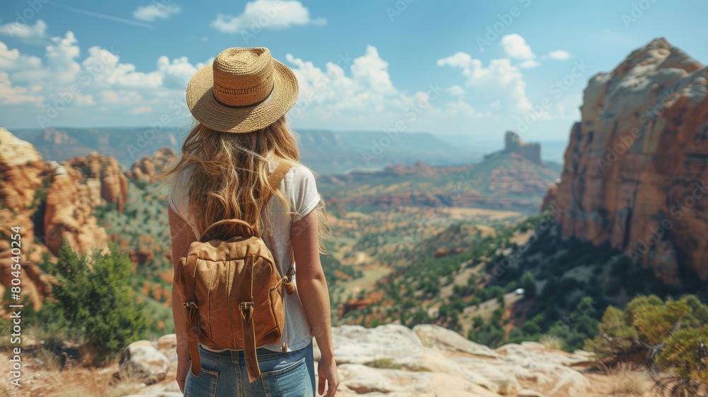 A woman with a hat and backpack standing on top of rocks, AI
