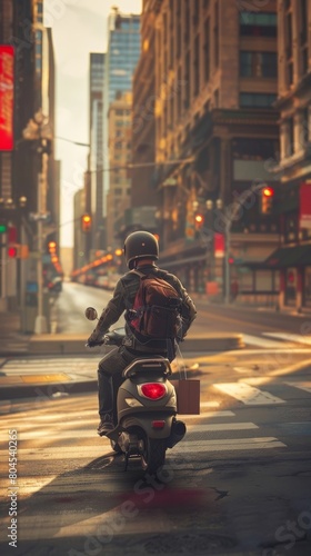 Courier on Scooter Navigating Through Busy City Streets to Deliver a Package