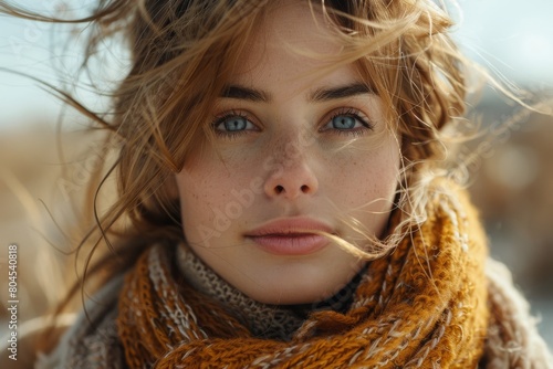 Close-up of a woman wrapped in an autumn scarf, her hair and the warm light enhancing her thoughtful expression