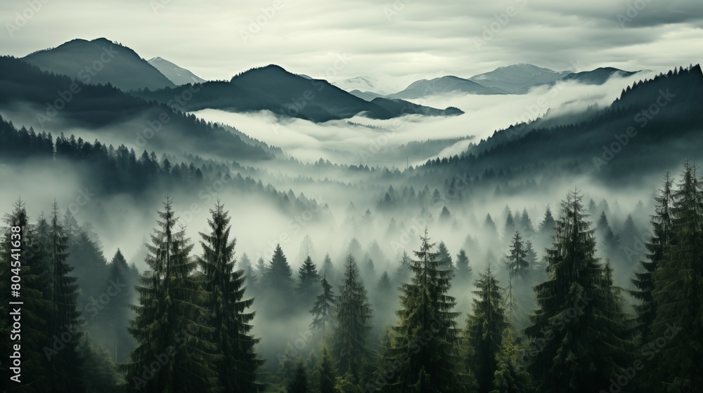 A misty, foggy landscape with a dense forest of pine trees in the foreground 