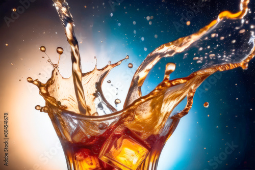 whiskey with coke and ice in a glass, splashing drops photo
