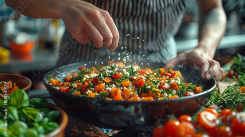 A person sprinkling some seasoning on a bowl of vegetables, AI