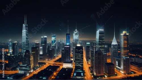 The city skyline at night  a tapestry of glittering lights against the darkened sky  exudes an enchanting allure.