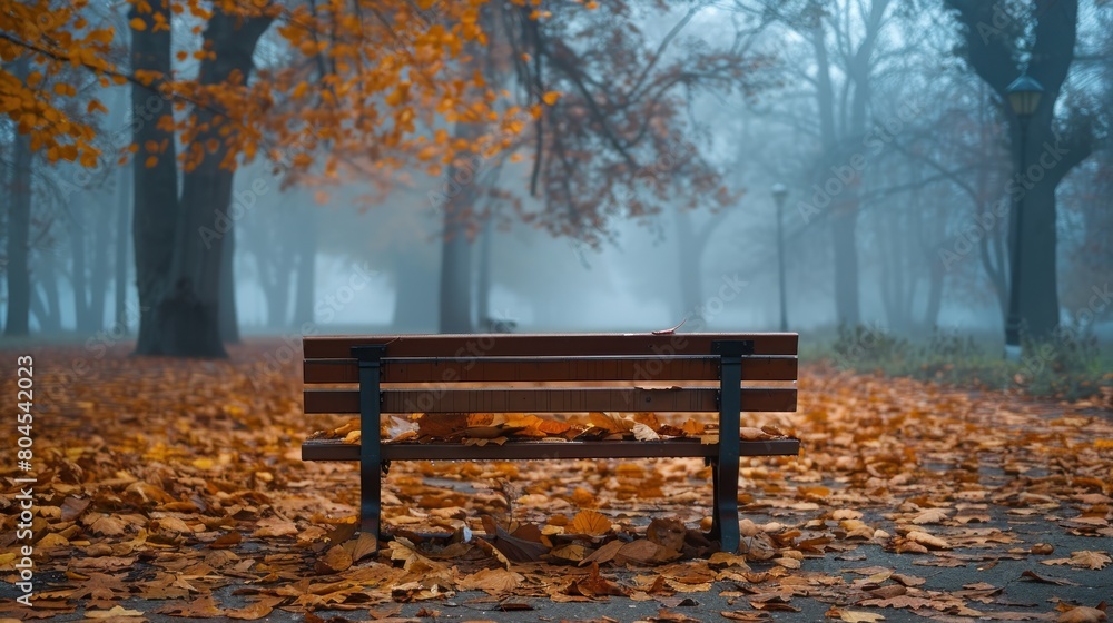 A bench in a park with leaves on the ground A bench in a park with leaves on the ground