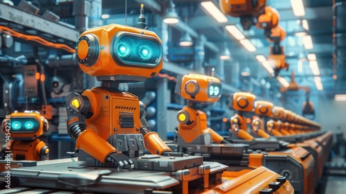 A line of orange robots are working in a factory