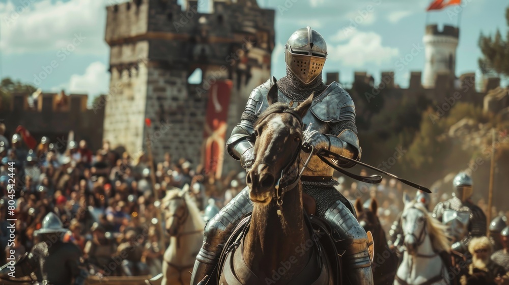 A knight on horse with a sword is riding in front of a crowd A knight on horse with a sword is riding in front of a crowd