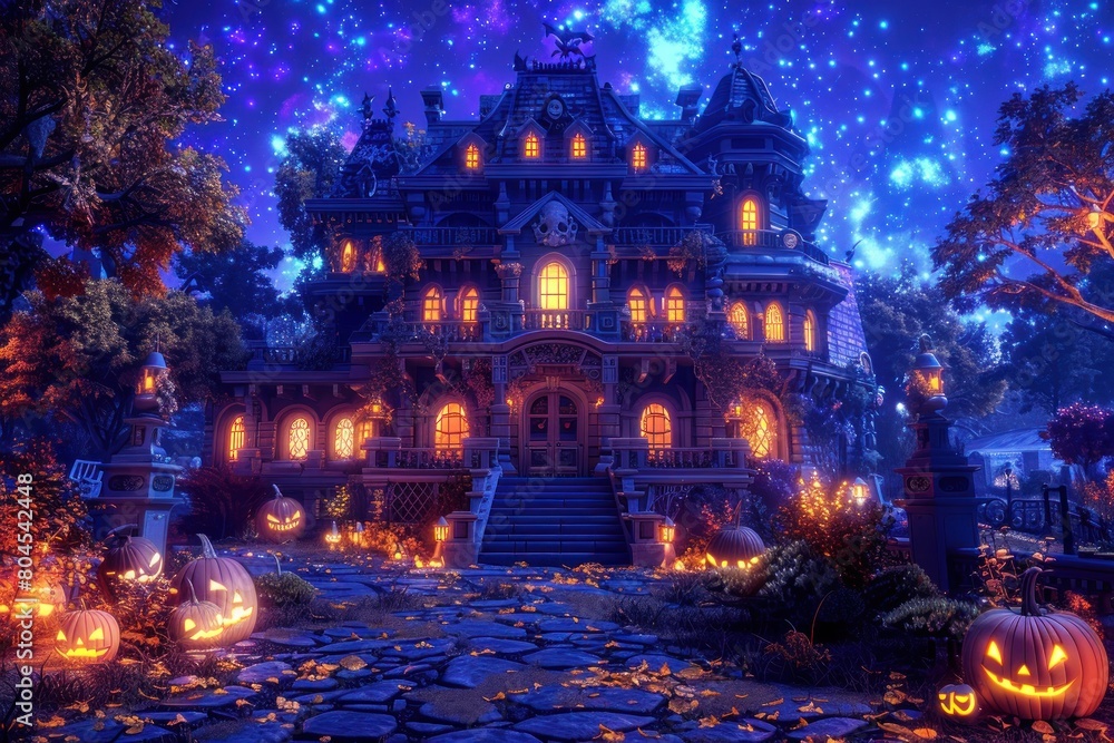 Naklejka premium A haunted house with a graveyard in the background