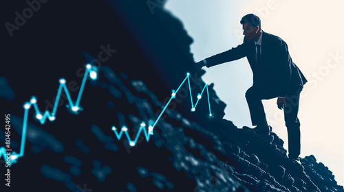 Businessman standing on top of mountain and looking at growing graph. Financial growth concept