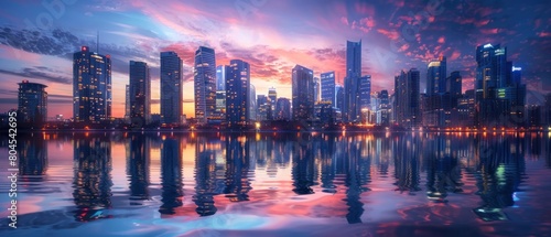 A city skyline is reflected in the water at sunset