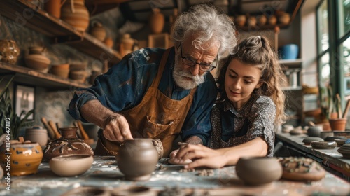 A man and a woman are working on pottery in a workshop photo